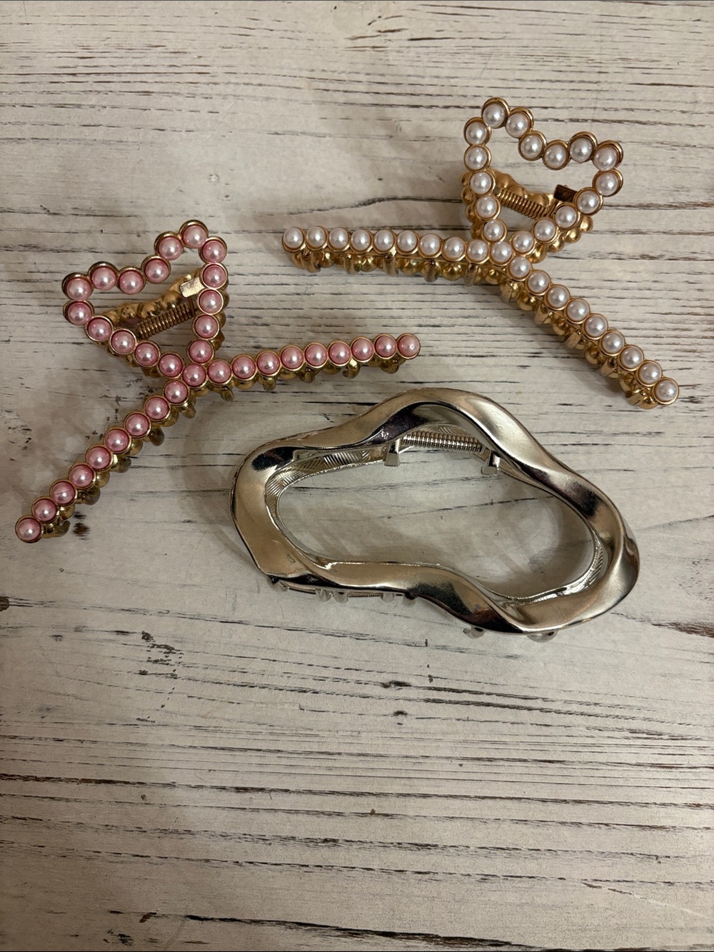 Heart Hair Clip Set - Gold with Pink and White Pearls plus Silver Hair Clip